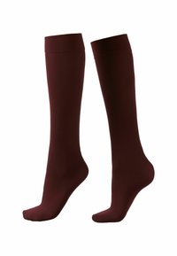 Bordeauxfarbene knielange Socken aus glattem, dehnbarem Material mit verstärkten Zehen- und Fersenbereichen, ausgestattet mit einem gerippten oberen Bund.