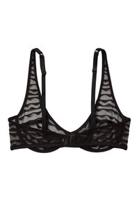 Bralette en maille noire avec un motif ondulé, des bretelles ajustables et une fermeture à crochets. Texture douce et design léger pour le confort.