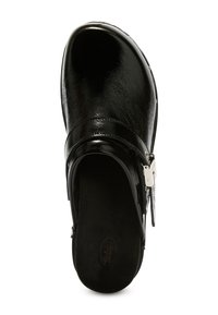 Black patent leather clog with a rounded toe, a strap across the top, a silver buckle, and a dark cushioned insole.