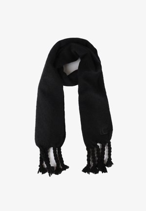 Black scarf made of soft material, featuring braided tassels at the ends and a stitched logo. Rectangular shape with even texture throughout.