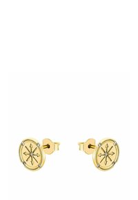 Orecchini a chiodo color oro con design a bussola, dotati di una stella centrale e dettagli decorativi. Finitura liscia con decorazioni in pietre chiare.
