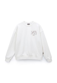 Witte sweatshirt met raglanmouwen, ribbelboorden en -zoom. Bevat een klein geometrisch logo in aardetinten op de linkerborst.