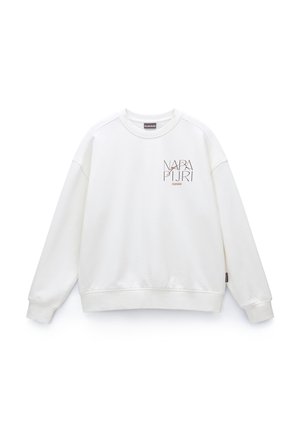 Witte sweatshirt met raglanmouwen, ribbelboorden en -zoom. Bevat een klein geometrisch logo in aardetinten op de linkerborst.