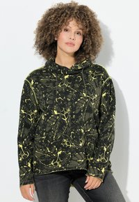 Sudadera con capucha en mármol negro y amarillo, de corte relajado, con mangas largas y un cordón en el cuello. Tejido texturizado.
