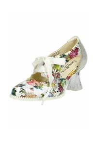 Zapato con diseño floral, parte superior de tela blanca, detalle de cordones y tacón de bloque transparente. Presenta acentos texturizados y bordes festoneados.