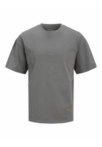Graues Kurzarm-T-Shirt aus Baumwolle, mit einem klassischen Rundhalsausschnitt, lockerem Schnitt und ohne sichtbare Muster oder Designelemente.