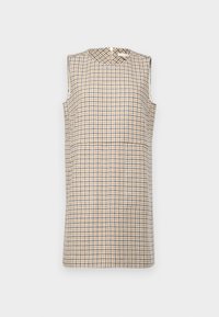 Top sem mangas em padrão pied-de-poule bege e azul-marinho, com decote redondo e textura suave, apresentando um detalhe de costura na cintura.