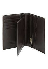 Portafoglio in pelle marrone con una finitura textured, dotato di più scomparti per carte, un compartimento con zip e sottili dettagli di cucitura.