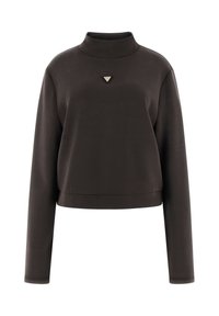 Donkerbruine cropped sweatshirt met lange mouwen en een opstaande kraag, met een klein driehoekig logo in het midden van de borst.