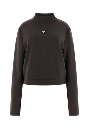 Dunkelbrauner, langärmeliger, taillierter Pullover mit Stehkragen und einem kleinen, dreieckigen Logo, das in der Mitte der Brust platziert ist.