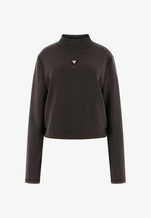 Dunkelbrauner, langärmeliger, taillierter Pullover mit Stehkragen und einem kleinen, dreieckigen Logo, das in der Mitte der Brust platziert ist.