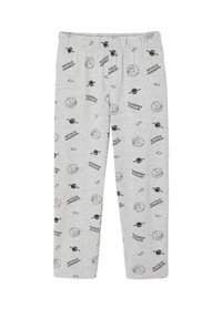 Graue Baumwoll-Pyjama-Hose mit einem elastischen Bund, versehen mit schwarzen, vom Weltraum inspirierten Prints, darunter Planeten und der Text "WELTRAUMMISSION."
