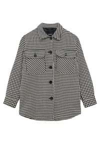 Zwart-wit pied-de-poule overhemdjack met lange mouwen, knoopsluiting aan de voorkant en twee borstzakken. Gemaakt van een textuurstof.