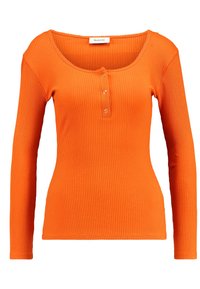 Top de manga larga acanalado en un vibrante color naranja con escote redondeado y una tapeta de tres botones en el pecho. Tejido suave y elástico.