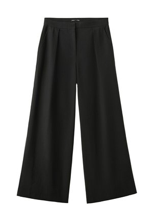 Pantalon noir à jambes larges avec poches latérales et taille plate, adapté pour un usage formel ou décontracté.