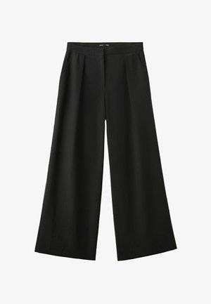 Pantalones negros de pierna ancha con bolsillos laterales y cintura plana, adecuados para uso formal o casual.