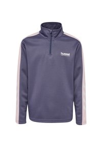 Lila Zip-Sweatshirt mit hohem Kragen, ausgestattet mit hellrosa Seitenpaneelen und einem weißen Logo. Glatte Textur mit sportlichen Designelementen.