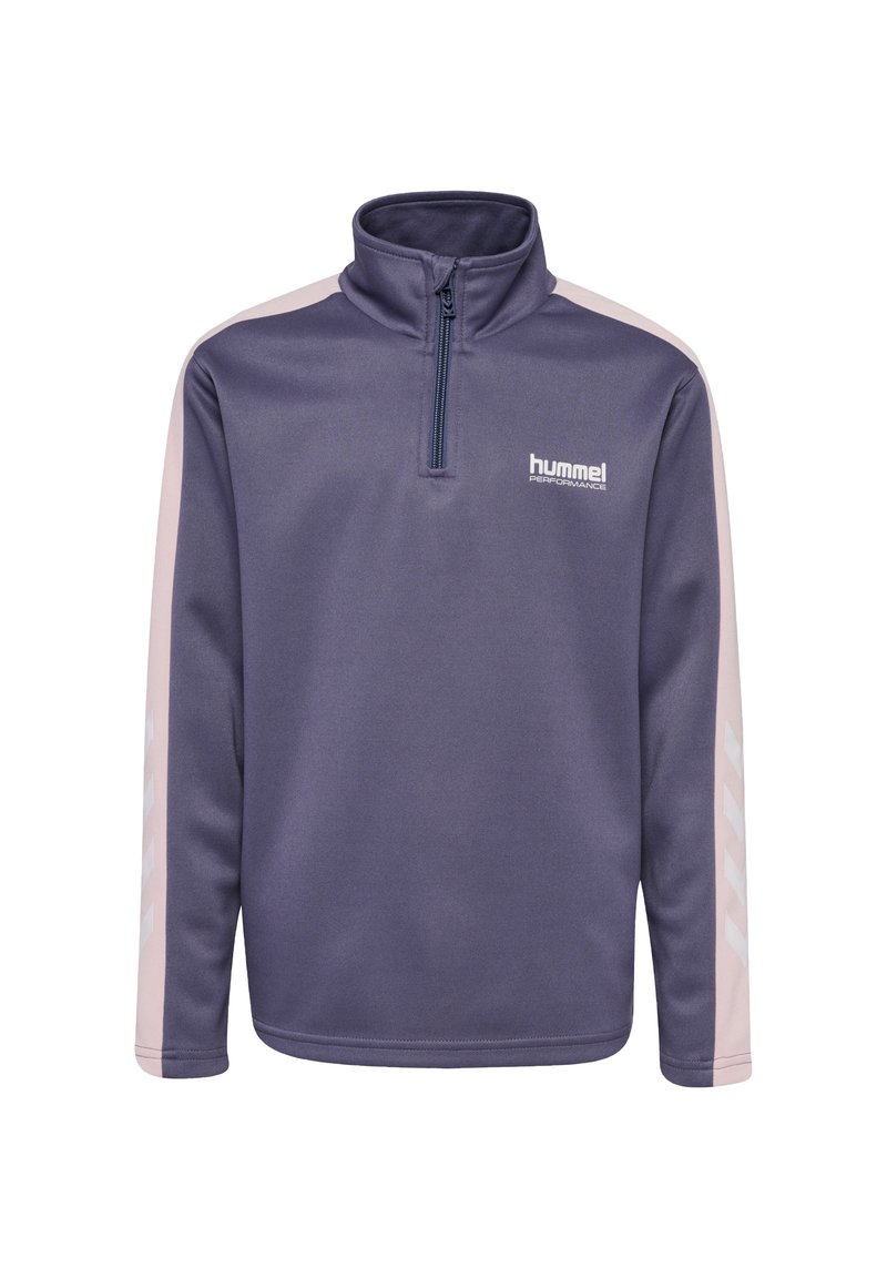 Lila Zip-Sweatshirt mit hohem Kragen, ausgestattet mit hellrosa Seitenpaneelen und einem weißen Logo. Glatte Textur mit sportlichen Designelementen.