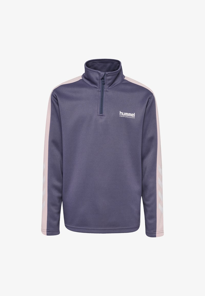 Lila zip-up sweatshirt med hög krage, med ljusrosa sidopaneler och vitt logotyp. Slät textur med sportiga designelement.