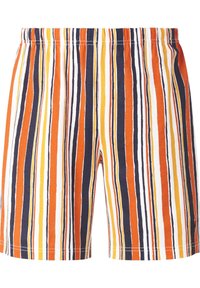 Herren-Badehosen mit vertikalen Streifen in Orange, Gelb, Marineblau und Weiß. Aus leichtem Stoff mit einem elastischen Bund.