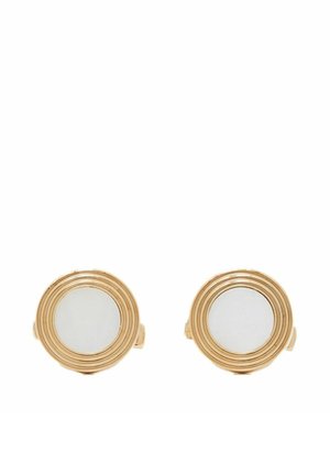 Pair of round gold cufflinks with concentric circle detailing and a smooth, reflective silver center.