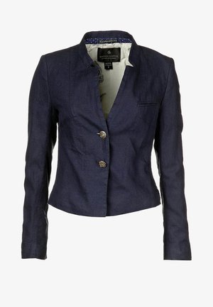 Blazer da donna sartoriale blu navy con due bottoni decorativi, colletto a listino e fodera interna con motivo.