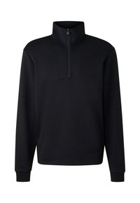 Czarna bluza z wysokim kołnierzem i półzamkiem. Posiada długie rękawy i ściągacze na mankietach. Gładka faktura, bez widocznych wzorów czy akcentów.