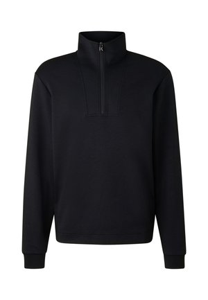 Czarna bluza z wysokim kołnierzem i półzamkiem. Posiada długie rękawy i ściągacze na mankietach. Gładka faktura, bez widocznych wzorów czy akcentów.