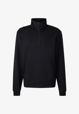 Czarna bluza z wysokim kołnierzem i półzamkiem. Posiada długie rękawy i ściągacze na mankietach. Gładka faktura, bez widocznych wzorów czy akcentów.