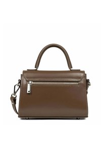 Sac  à main en cuir marron au design structuré, avec une poignée supérieure, une bandoulière amovible et une poche zippée à l'avant. Texture lisse, style minimaliste.