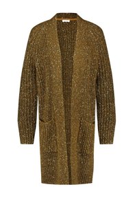 Langer Cardigan aus golden-braunem strukturiertem Strick, mit offenem Vorderteil, Rippenmuster und zwei vorderen Taschen. Weiches, lässiges Design.