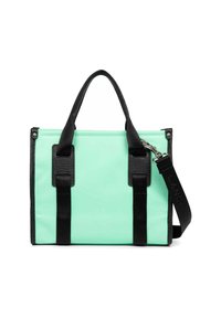 Sac à main vert menthe avec des accents en cuir noir. Présente des poignées solides, une bandoulière amovible et une forme rectangulaire.