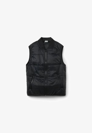 Gilet imbottito nero con zip frontale, design senza maniche, colletto a costine e due tasche laterali. Tessuto liscio e materiale leggero.