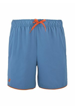 Pantaloncini sportivi blu con cordoncino arancione e rifiniture, fascia elastica in vita, tasche laterali e piccolo logo arancione sulla gamba sinistra.