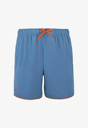 Pantalones cortos deportivos azules con cordón y ribete naranja, cintura elástica, bolsillos laterales y un pequeño logo naranja en la pierna izquierda.
