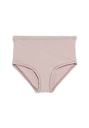 Hochgeschnittene, hellrosa Baumwollunterwäsche mit glatter Textur und elastischem Bund. Schlichtes Design mit vollständiger Bedeckung.