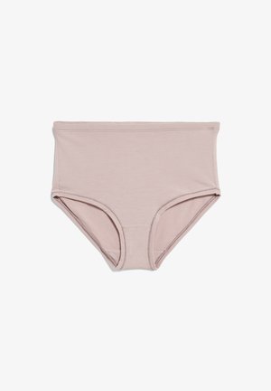 Hochgeschnittene, hellrosa Baumwollunterwäsche mit glatter Textur und elastischem Bund. Schlichtes Design mit vollständiger Bedeckung.