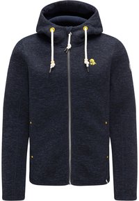 Granatowa bluza z kapturem na zamek błyskawiczny z teksturowanej tkaniny, z podszewką kaptura, białymi sznurkami ze drewnianymi akcentami oraz żółtym detalem na piersi.