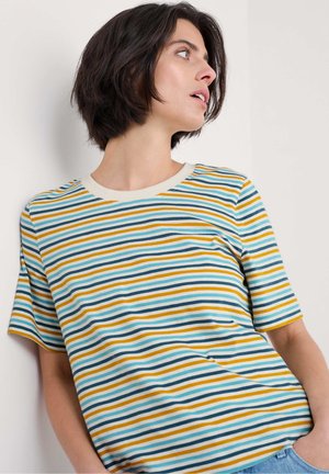 Striped short-sleeve t-shirt in light blue, yellow, and black, featuring a crew neckline and a soft, smooth fabric texture.