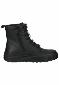 Bottines noires en cuir, présentant un design à lacets, une fermeture éclair sur le côté et une semelle en caoutchouc texturée. Des œillets en métal ajoutent des accents.