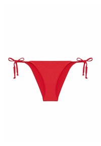 Chiloți roșii de bikini cu legături pe lateral, material neted, croială joasă și design fără cusături. Prezintă fundițe reglabile pe fiecare parte.