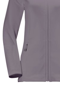 Giacca softshell viola con zip frontale, maniche lunghe e tasche laterali. Tessuto liscio con un design aderente.