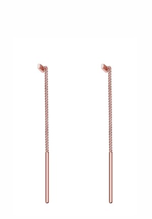 Boucles d'oreilles threader en or rose avec une fine chaîne et une barre cylindrique suspendue à un petit clou carré.