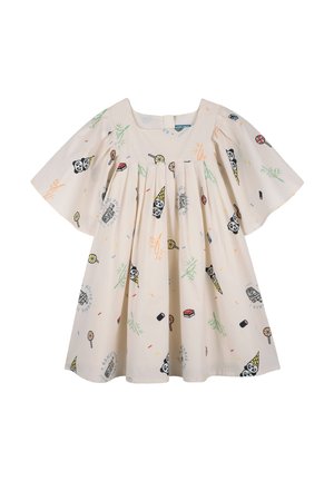 Crèmekleurige kinderjurk met korte mouwen en plooien, versierd met patronen van panda gezichten, snoepjes en kleurrijke hagelslag.