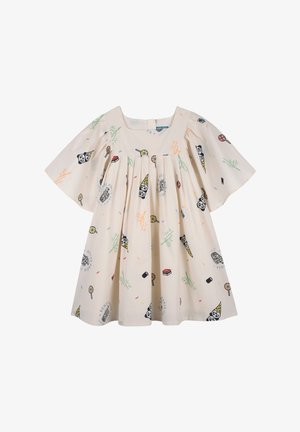 Crèmekleurige kinderjurk met korte mouwen en plooien, versierd met patronen van panda gezichten, snoepjes en kleurrijke hagelslag.
