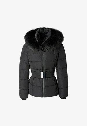 Chaqueta negra acolchada con capucha de piel sintética, cierre de cremallera, cinturilla ajustable y tejido texturizado. Presenta un patrón acolchado y puños elásticos.