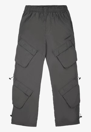 Cargo pants in dark gray fabric featuring an elastic waistband, multiple cargo pockets, drawstring hems, and a smooth texture.