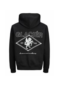 Sudadera negra con un diseño texturizado que presenta "GLACIÉR", un gráfico de diamante, un caballo estilizado y el año de establecimiento "EST. 1990."