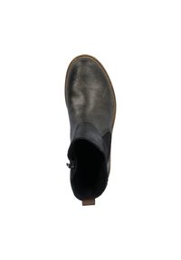 Black leather ankle boot with a textured finish, elastic side panels, rounded toe, and a tan rubber sole. Features a small pull tab at the back.