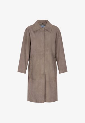 Bežsuvéedist pikk mantel teravate kraega, esi-nupuga kinnitamisega ja küljetaskutega. Sile tekstuur ja minimalistlik disain.